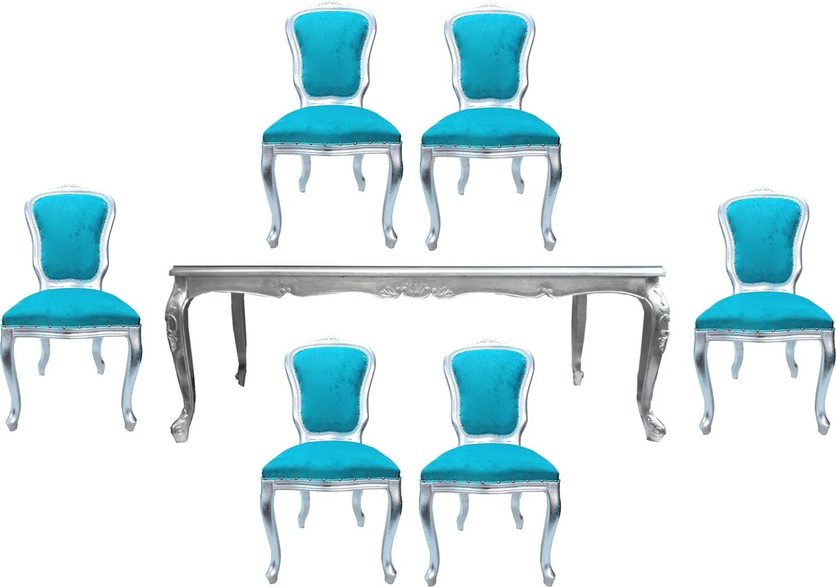 Luxury Baroque dining room set turquoise / silver - 1 dining table with glass top and 6 dining chairs - Made in Italy - Luxury Collection