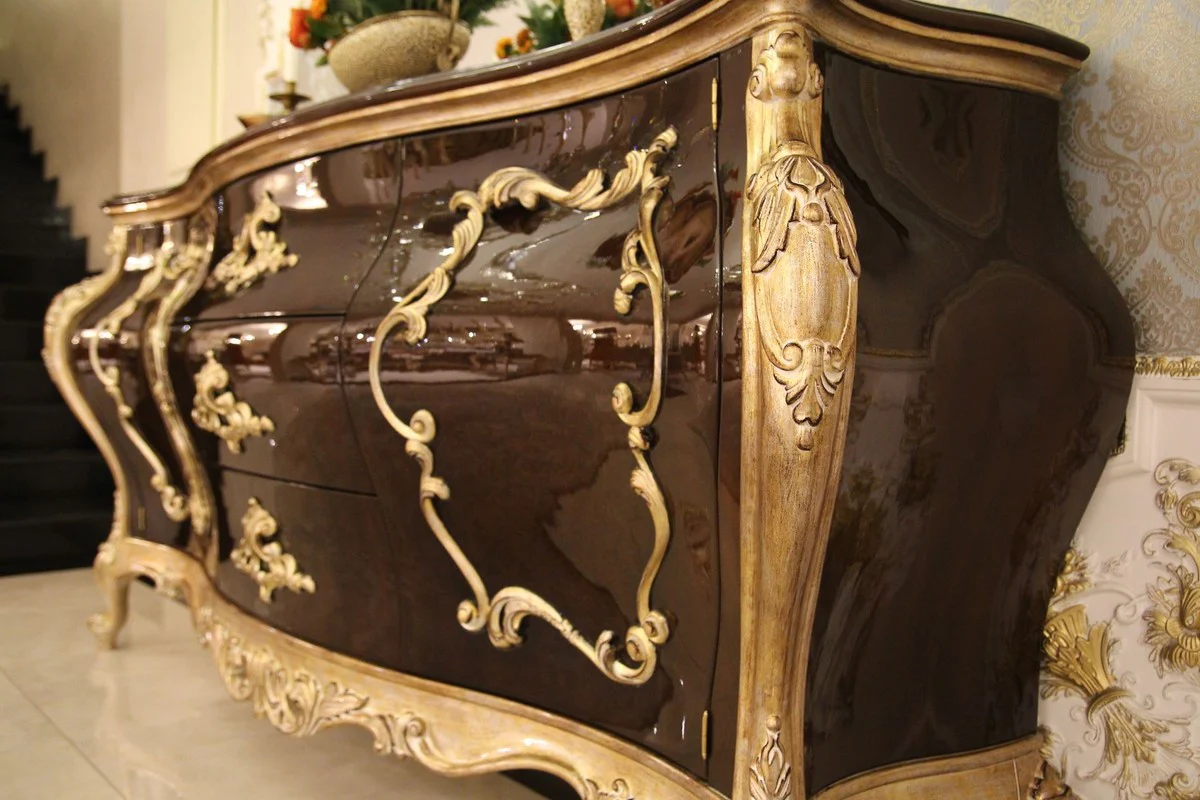 Luxury baroque chest of drawers dark brown / gold 243 x 60 x H. 115 cm - Magnificent solid wood cabinet with 2 doors and 3 drawers - Noble baroque furniture