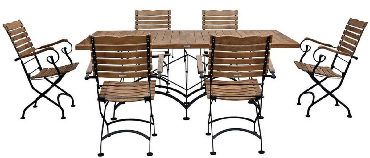 Jugendstil Garten Möbel Set Braun / Schwarz - 1 Jugendstil Garten Esstisch & 6 Jugendstil Garten Stühle - Barock & Jugendstil Gastronomie & Garten Möbel