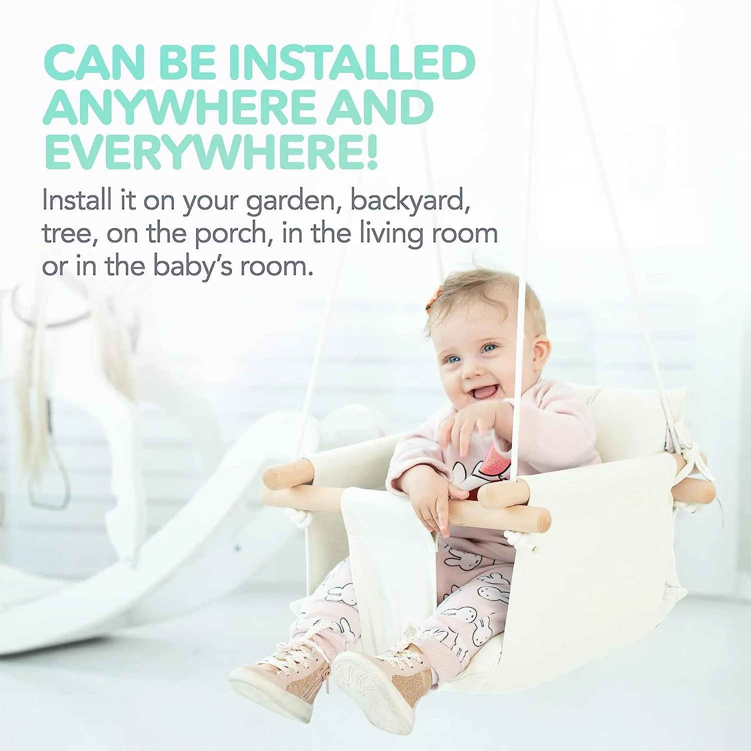 Babyschaukel aus Segeltuch, hängender Schaukelsitz aus Holz mit Sicherheitsgurt, langlebiger Baby-Hängemattenstuhl, Außen- und Innenschaukel für Kinder, Montagezubehör im Lieferumfang enthalten, Elfenbeinfarben