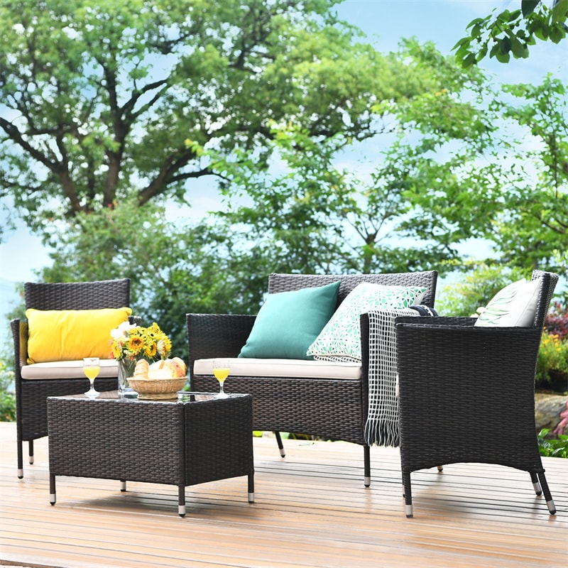 4 Pcs Outdoor Rattan Patio Conversation Set Wicker Furniture Set with Coffee Table and Cushion Sofas
