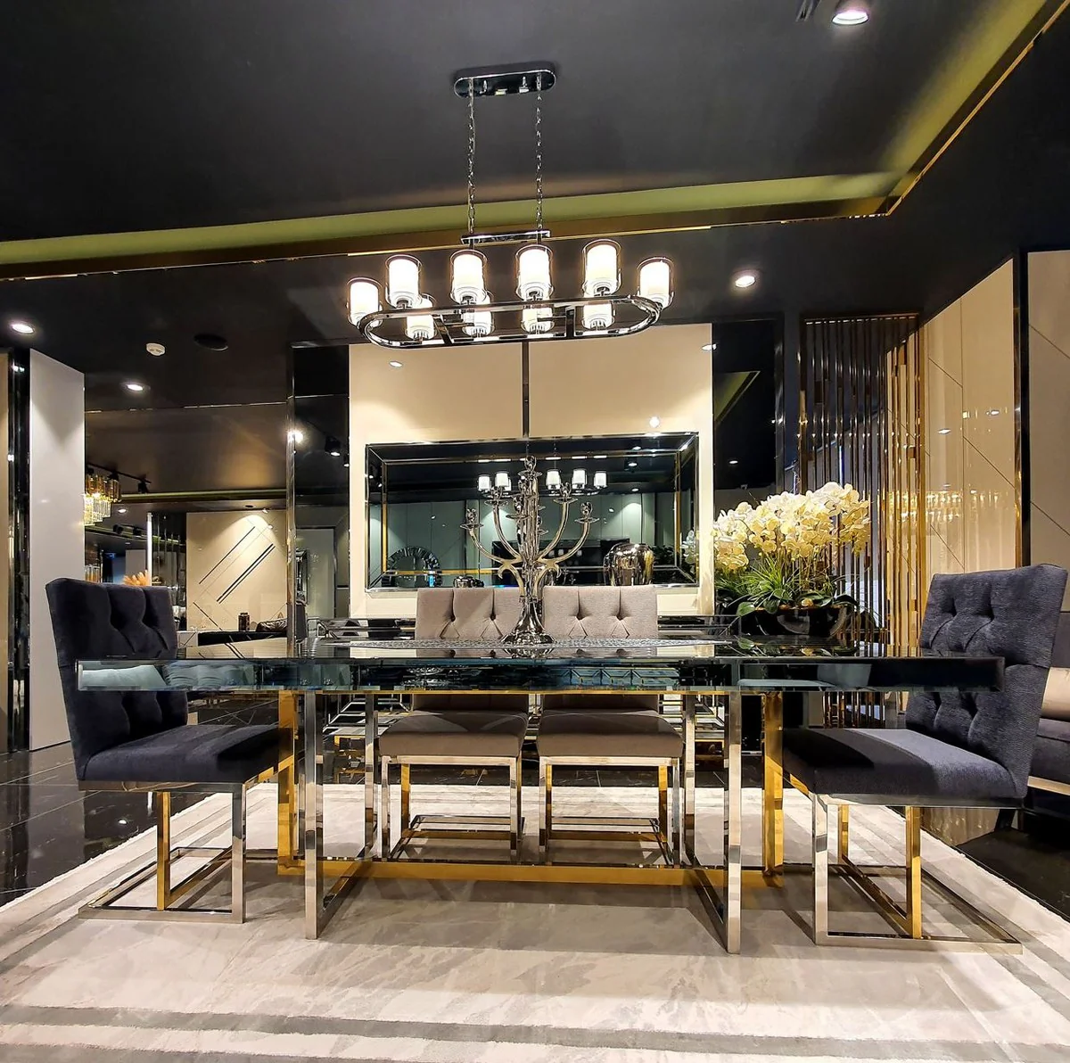 Luxury dining table silver / gold 200 x 100 x H. 77 cm - Mirrored kitchen table - Mirrored luxury dining room furniture
