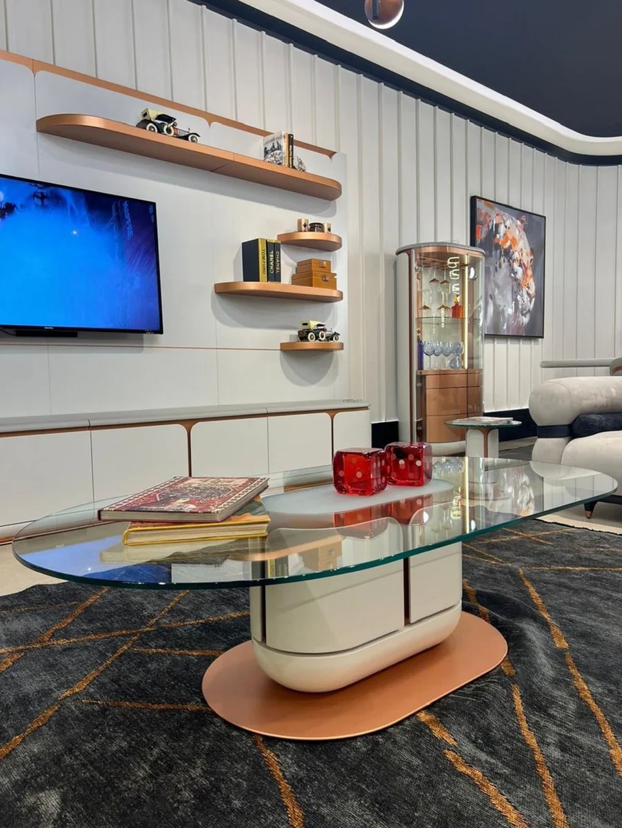 Luxury bar cabinet white / gray / copper 80 x 50 x H. 165 cm - Illuminated solid wood wine cabinet with 2 doors - Living room furniture - Bar furniture - Hotel furniture - Luxury collection