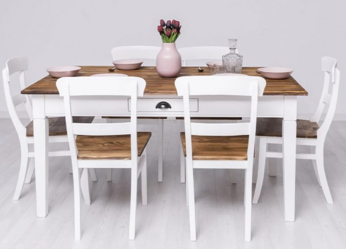 Country style dining room furniture set white / brown - 1 country style dining table & 6 country style dining room chairs - solid wood dining room furniture - country style dining room furniture