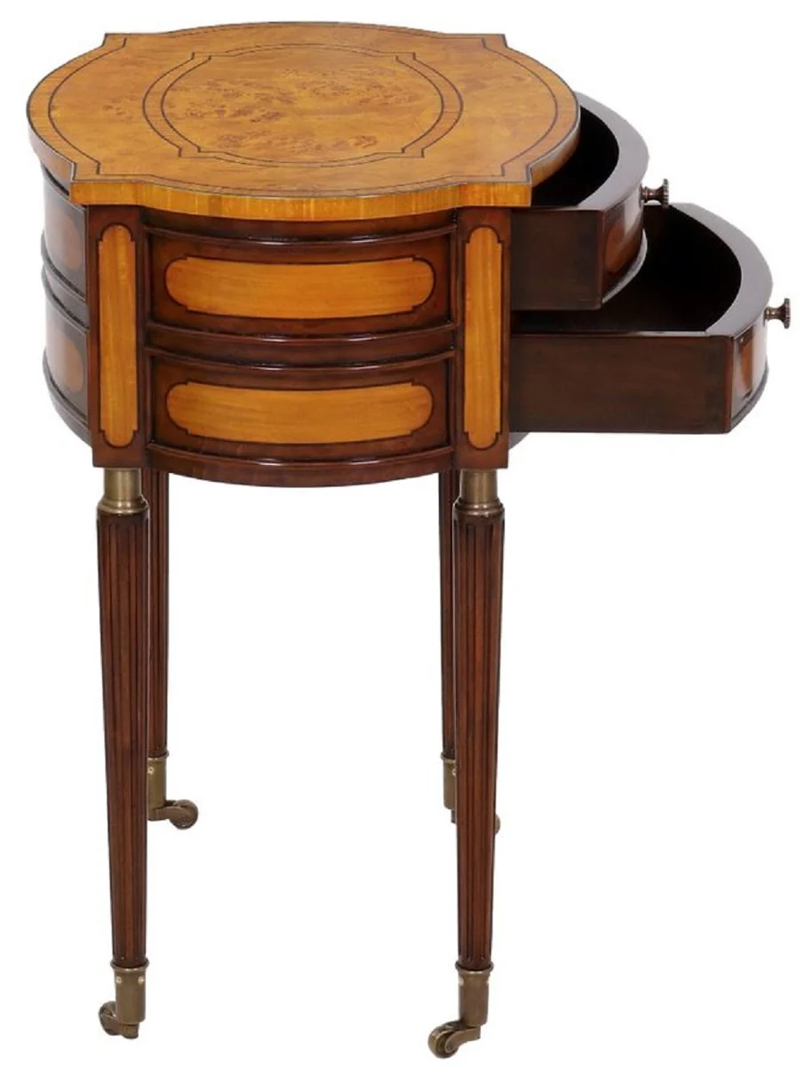 Luxury Art Nouveau nightstand light brown / dark brown - Elegant solid wood bedside table with 2 drawers and wheels - Baroque & Art Nouveau bedroom furniture