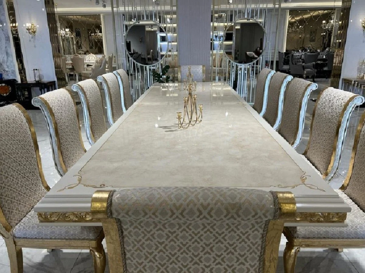 Luxury Baroque Dining Table Cream / White / Gold 500 cm - Huge Solid Wood Dining Room Table - Dining Room Furniture in Baroque Style - Baroque Furniture - Baroque Furnishings - Noble & Magnificent