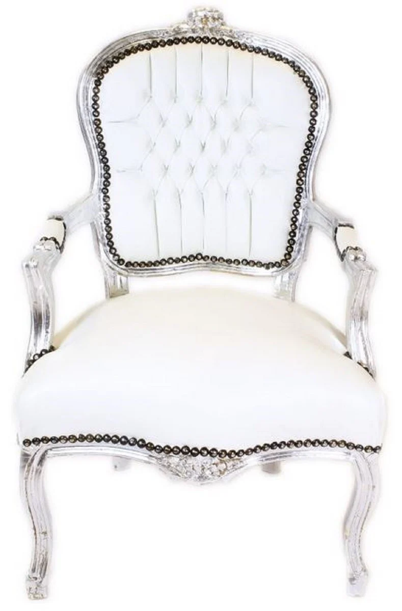 Baroque Salon Chair White / Silver - Handcrafted antique style chair with fine faux leather - Baroque style furniture - Baroque furniture - Baroque furnishings