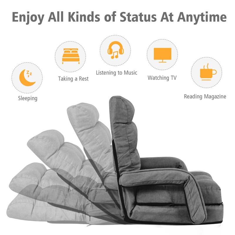 Foldable Massage Floor Chair Recliner, Single Lazy Sofa with Ergonomic Armrest, Adjustable 5 Backrest Position & Detachable Mat