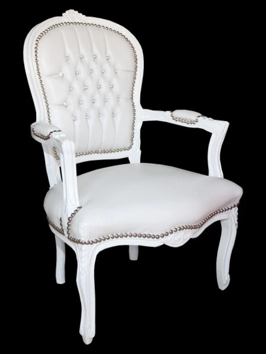 Baroque Salon Chair White Leather Look / White with Bling Bling Rhinestones - Furniture Antique Style