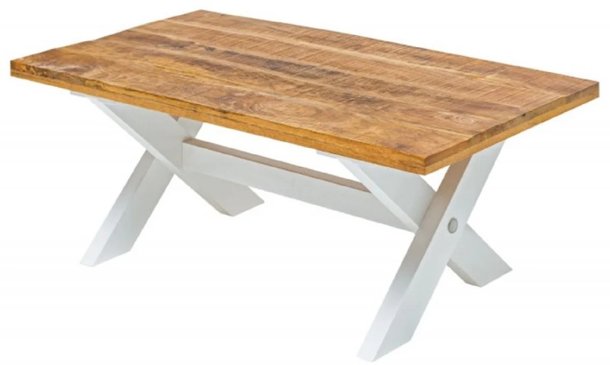 Country house style coffee table natural colors / white 110 x 60 x H. 45 cm - handmade solid wood living room table - living room furniture in country house style