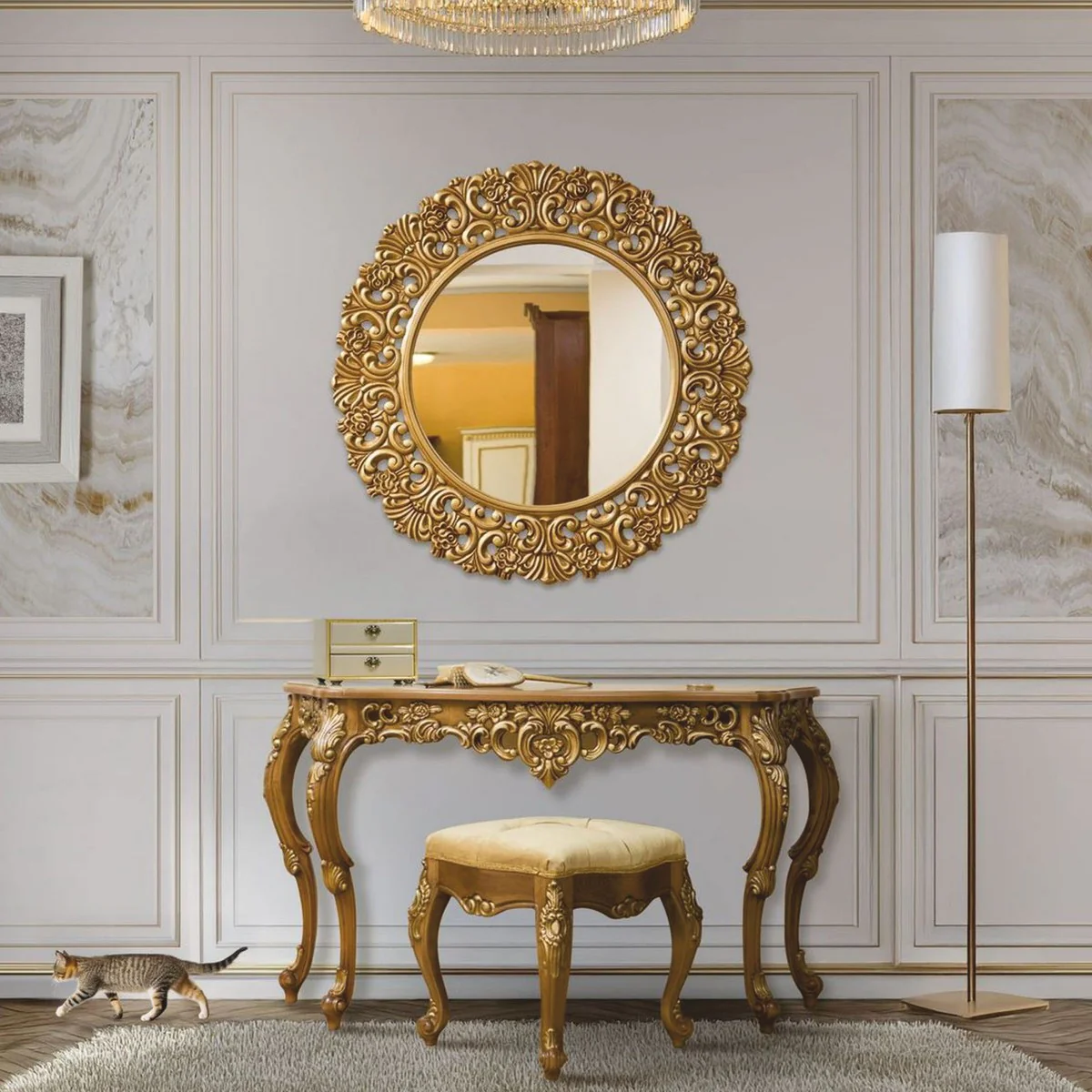 Luxury Baroque console with wall mirror and stool brown / gold - Baroque furniture