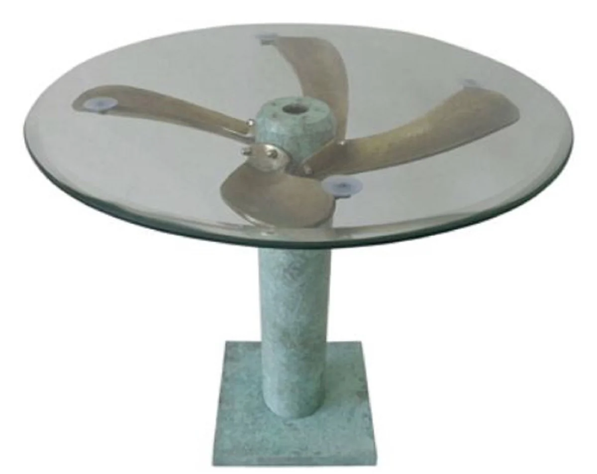 Art Deco side table mint green / brass Ø 61 x H. 52 cm - Round airplane propeller table - Vintage aviator aircraft furniture