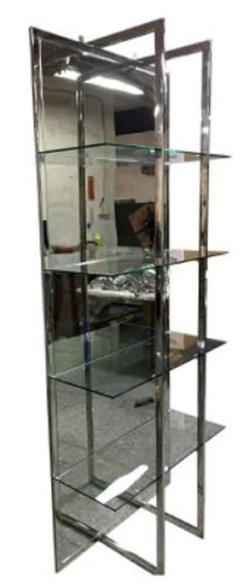 Luxury shelf cabinet silver 80 x 35 x H. 200 cm - stainless steel cabinet with 4 glass shelves and large mirror - living room cabinet - living room furniture