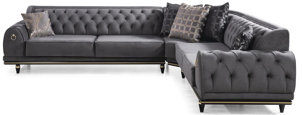 Luxus Art Deco Chesterfield Wohnzimmer Set Grau / Schwarz / Gold - 1 Ecksofa mit Kissen & 1 Couchtisch - Edle Wohnzimmer Möbel - Luxus Qualität
