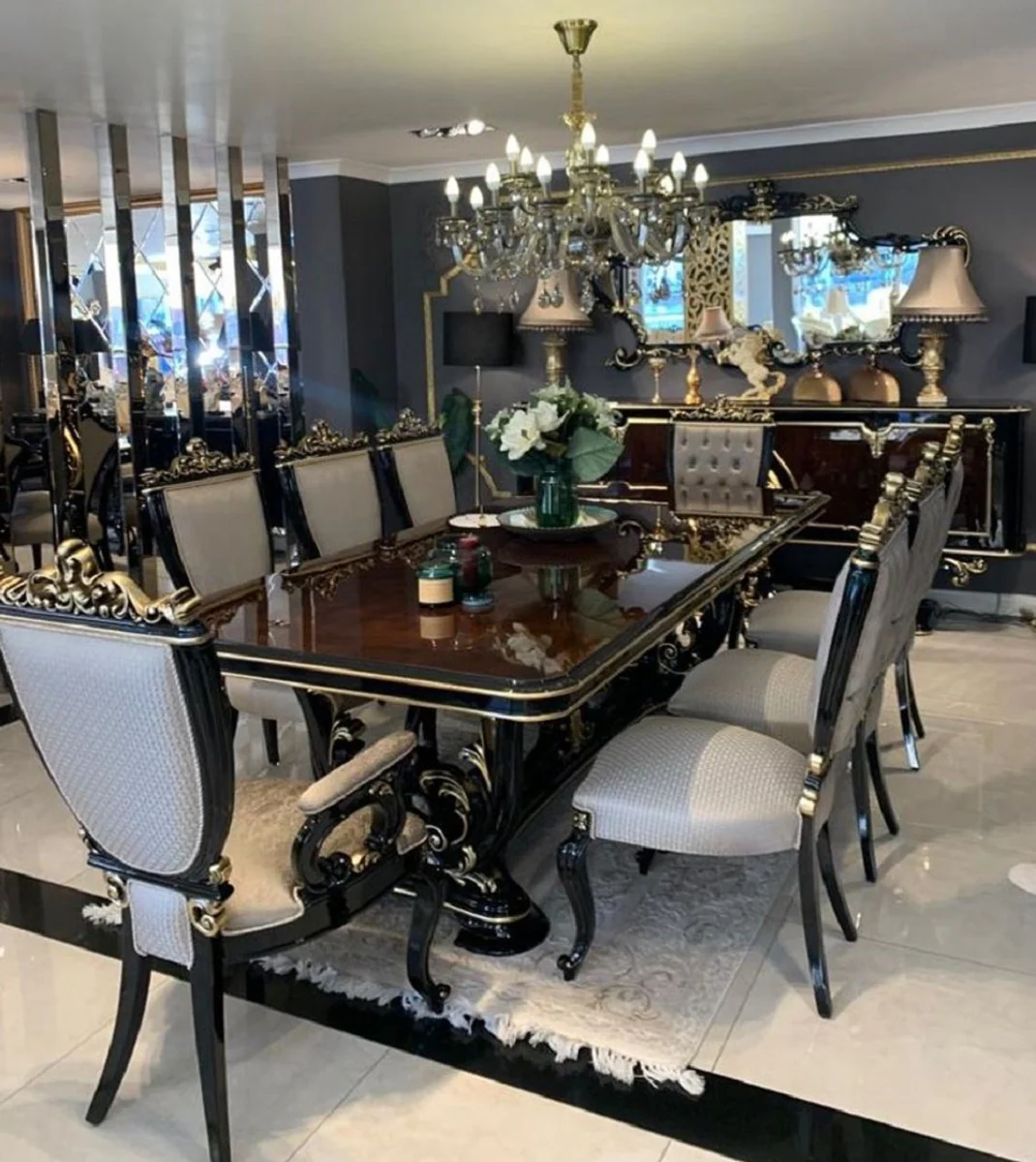 Luxury Baroque Dining Room Set Brown / Silver / Black / Gold - 1 Baroque Dining Table & 8 Baroque Dining Chairs - Baroque Dining Room Furniture - Noble & Magnificent