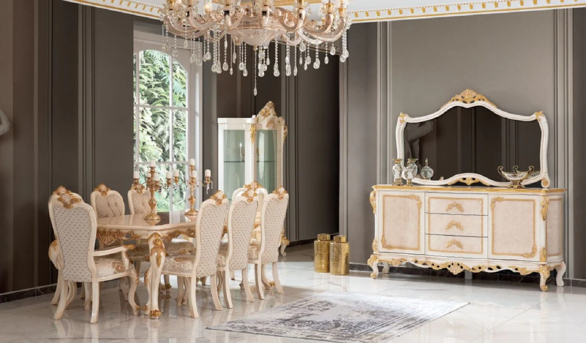Luxury baroque dining room set white / gold - 1 dining table & 8 dining chairs - magnificent dining room furniture in the baroque style