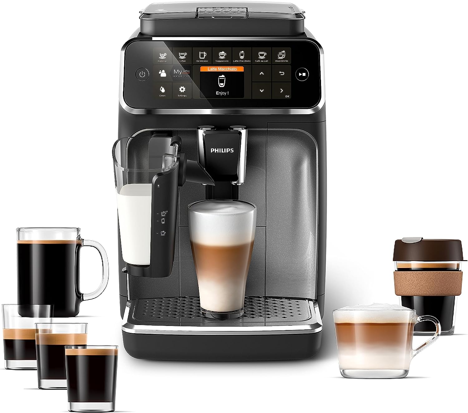 PHILIPS 4300 Serie Vollautomatische Espressomaschine - LatteGo Milk Frother, 8 Kaffeesorten, Intuitive Touch Display, Schwarz, (EP4347/94)