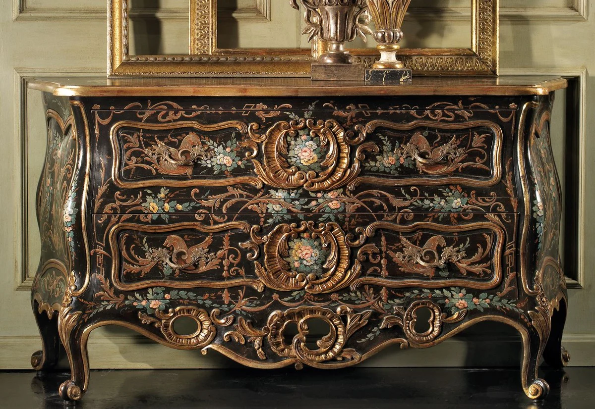 Luxury Baroque chest of drawers black / multicolor / antique gold - handmade solid wood chest of drawers with 2 drawers - luxury bedroom furniture in baroque style - luxury quality - Made in Italy