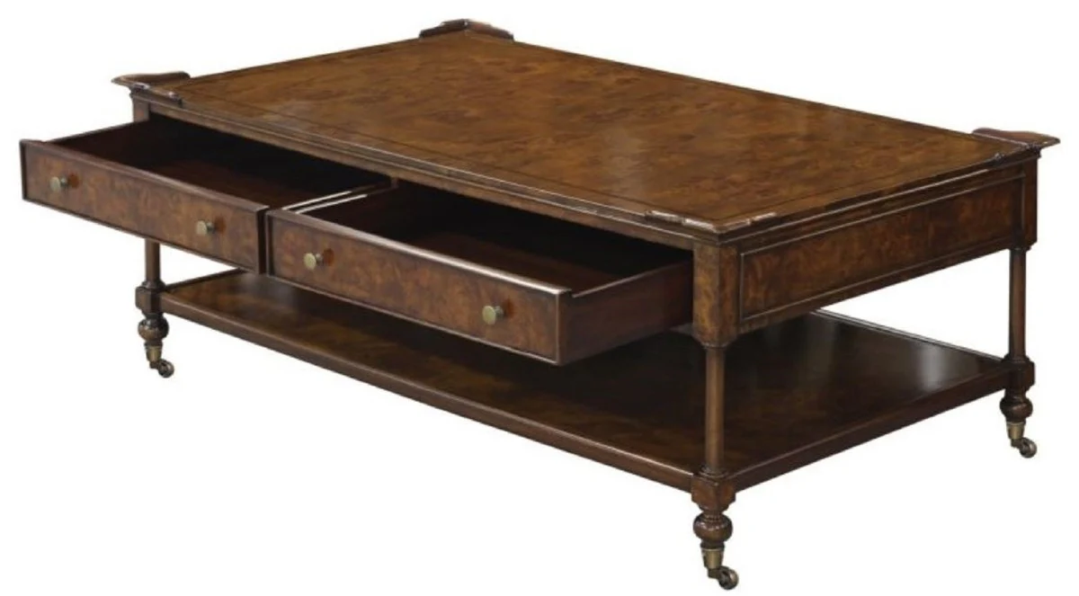 Luxury Art Nouveau coffee table brown 125 x 81 x H. 48 cm - living room table with wheels and 2 drawers