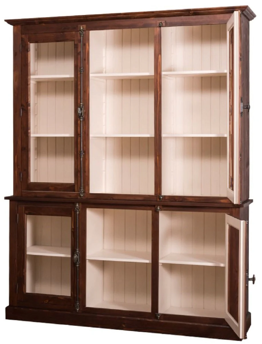 Country house style living room cabinet dark brown / cream 184 x 48 x H. 228 cm - solid wood display cabinet with 4 glass doors