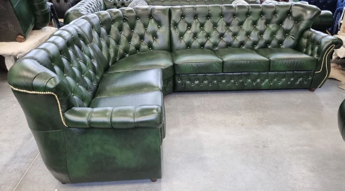 Luxury Chesterfield leather corner sofa vintage green 290 x 240 x H. 80 cm - Real leather living room sofa - Living room furniture - Chesterfield furniture - Luxury furniture - Luxury living room furnishings