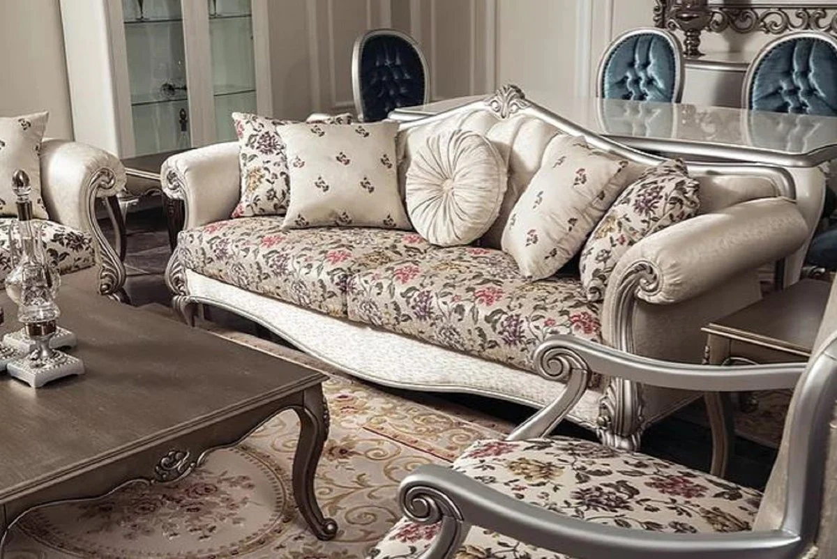 Luxury baroque sofa cream / beige / silver 230 x 84 x H. 99 cm - Elegant living room sofa with floral pattern and decorative pillows - Baroque living room furniture