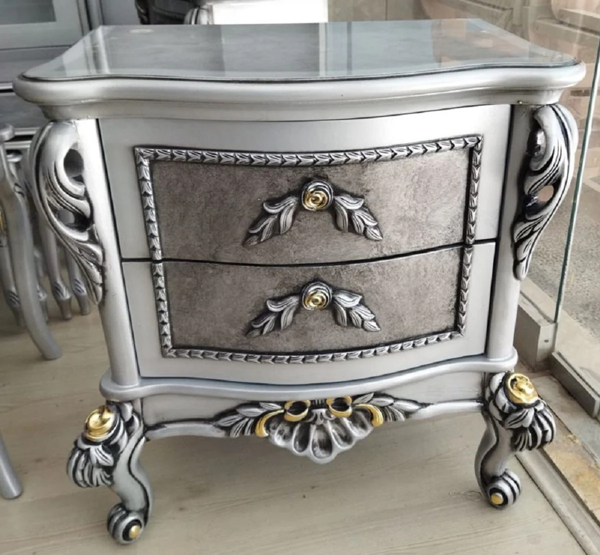 Luxury Baroque nightstand silver / black / gold - Magnificent Baroque bedside table with 2 drawers - Luxury bedroom furniture in Baroque style - Baroque furniture - Baroque furnishings
