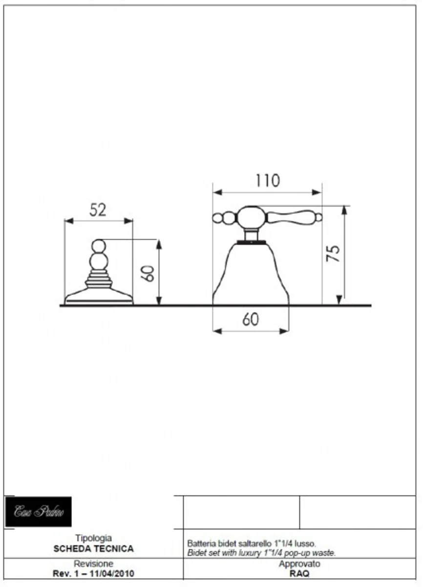 Luxury bathroom accessories - Art Nouveau retro bidet three-hole mixer with waste set chrome series Milano - Made in Italy