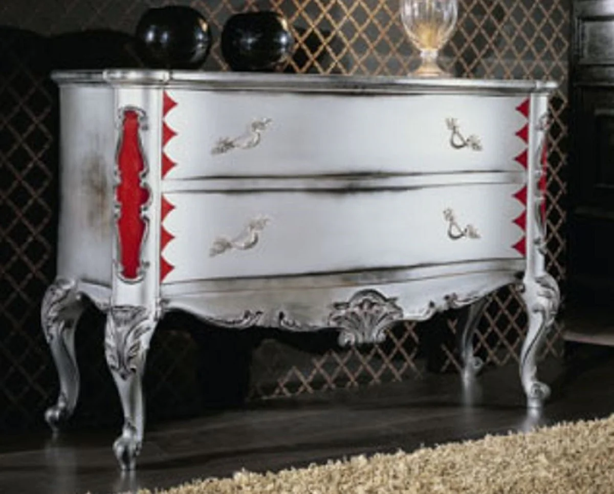Luxury Baroque Chest of Drawers Antique White / Silver / Red - Handmade Solid Wood Chest of Drawers with 2 Drawers - Baroque Style Bedroom Furniture - Baroque Furniture - Luxury Quality - Made in Italy