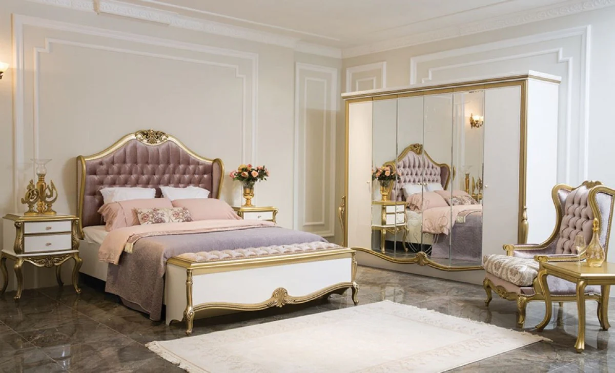 Luxury baroque double bed purple / pink / white / gold 170 x 207 x H. 168 cm - Elegant solid wood bed with headboard - Magnificent bedroom furniture in the baroque style
