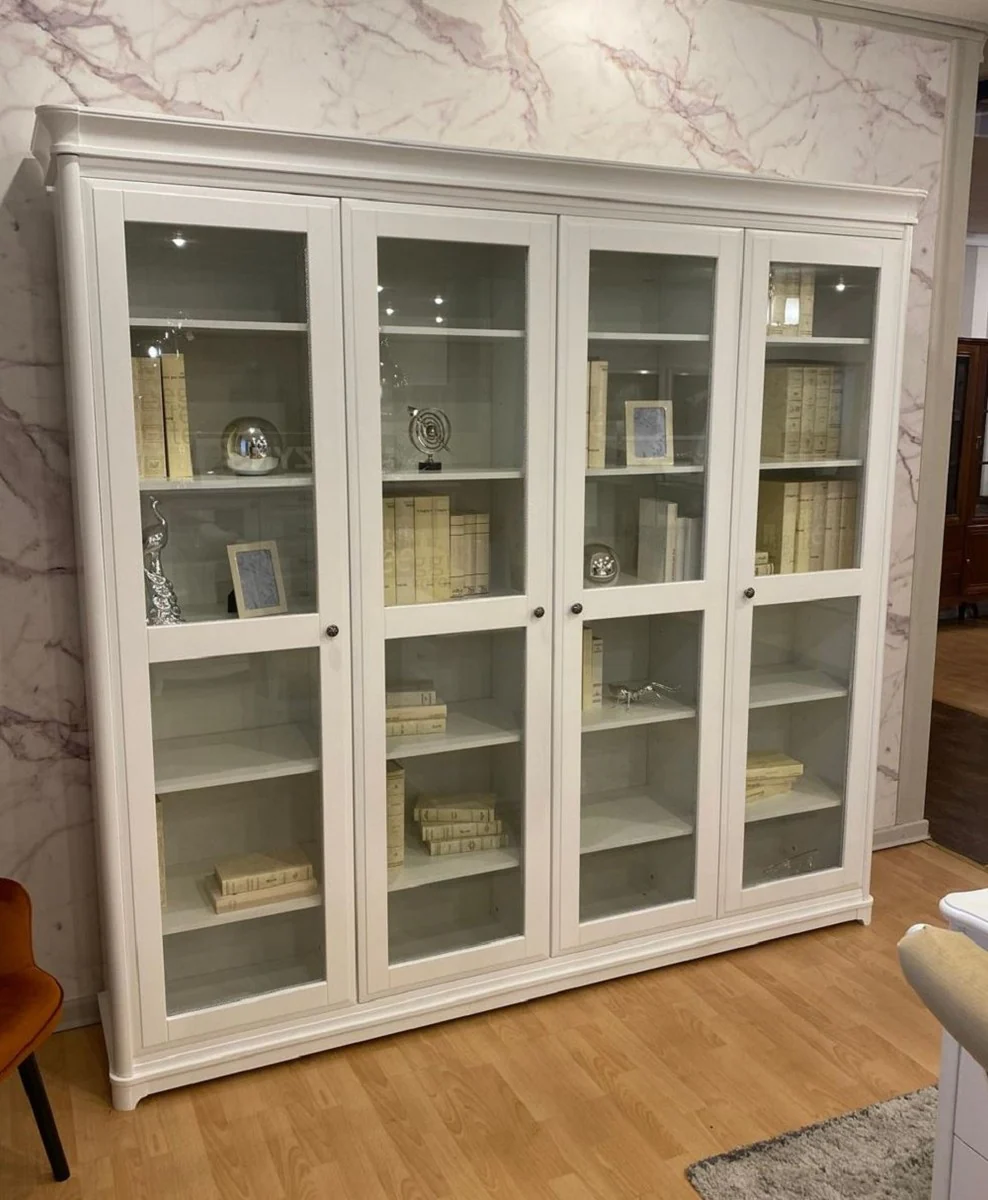 Country house style bookcase with 4 glass doors white 234.4 cm