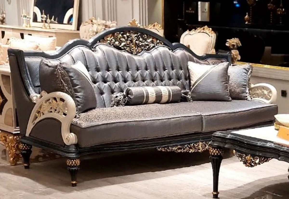 Luxury Baroque Living Room Sofa Gray / White / Gold 226 cm - Baroque Living Room Furniture