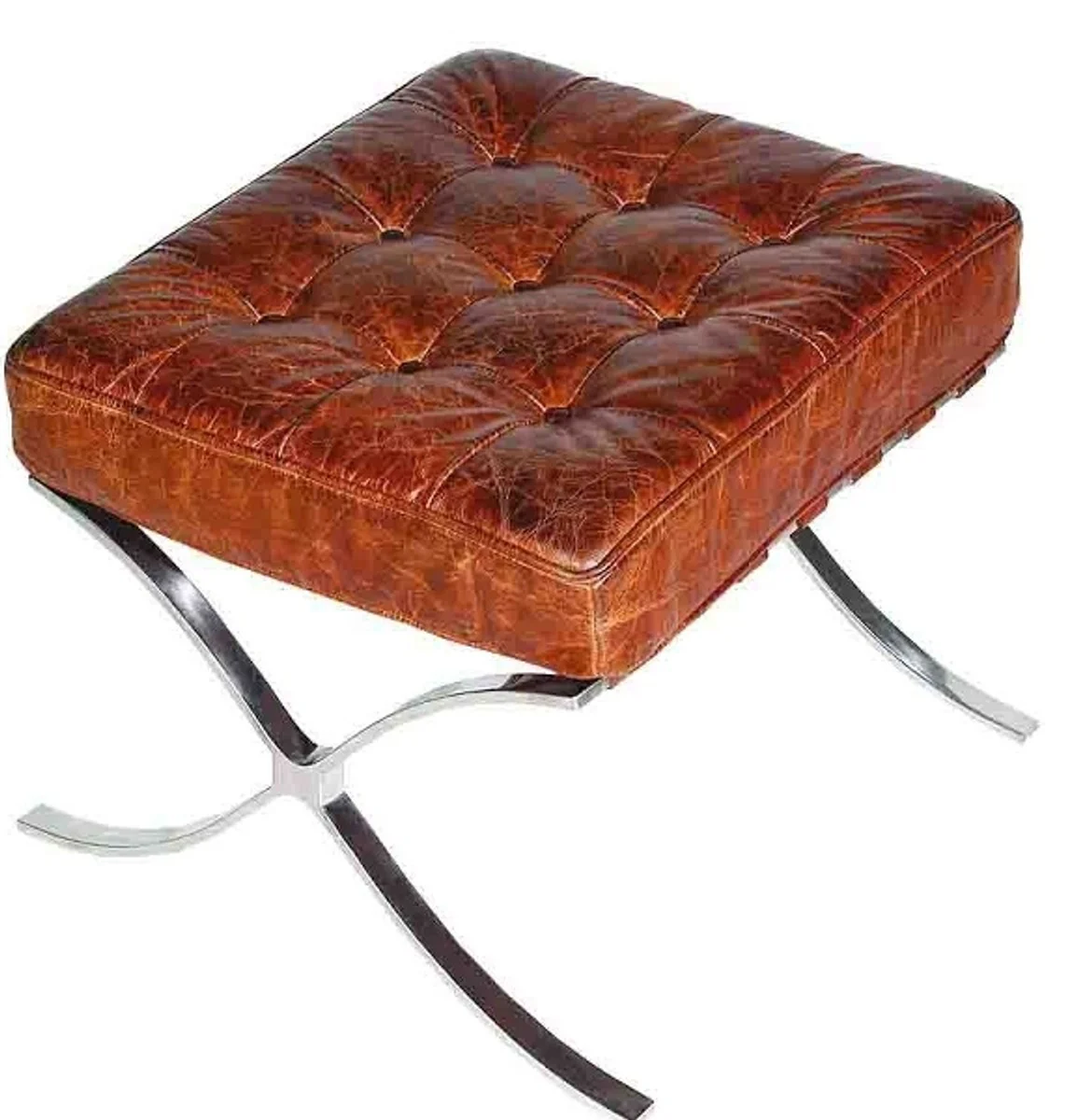 Real leather footstool vintage brown / silver 56 x 53 x H. 43 cm - handmade Chesterfield furniture