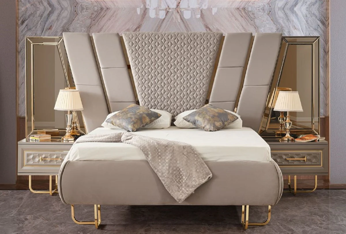 Luxury Art Deco Bedroom Set Gray / Gold - 1 Double Bed with Headboard & 2 Nightstands - Art Deco Bedroom Furniture - Luxury Bedroom Furniture - Luxury Furnishings