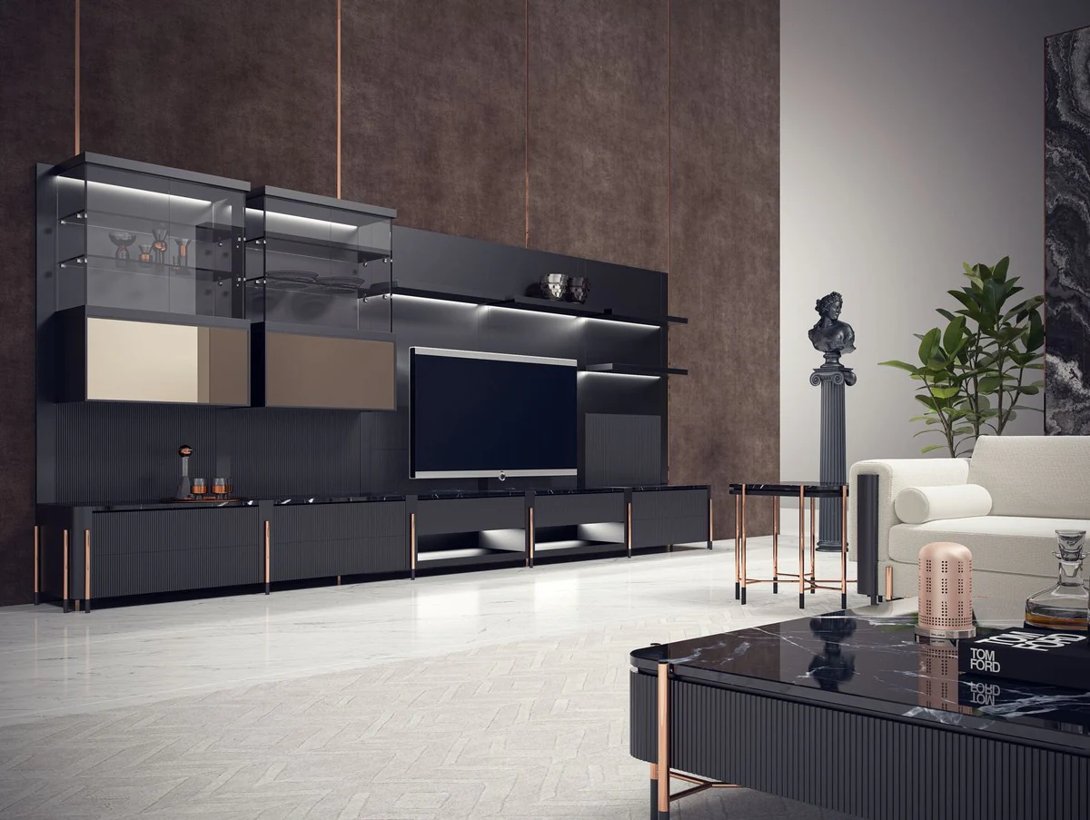 Luxury TV cabinet matt black / black / copper 452 x 47 x H. 202 cm - living room cabinet with LED lighting - living room furniture - hotel furniture - luxury furniture