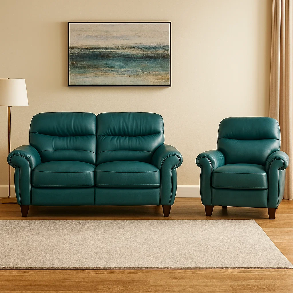 Sofagarnitur, 2-Sitzer-Sofa und Sessel, Massivholzrahmen, Schaumstoffpolsterung, Kunstlederbezug, dunkelgrün, für den Innenbereich, 2-Sitzer-Sofa 145 x 90 x 95 cm, Sessel 85 x 90 x 95 cm - bTXiIlCNIEop