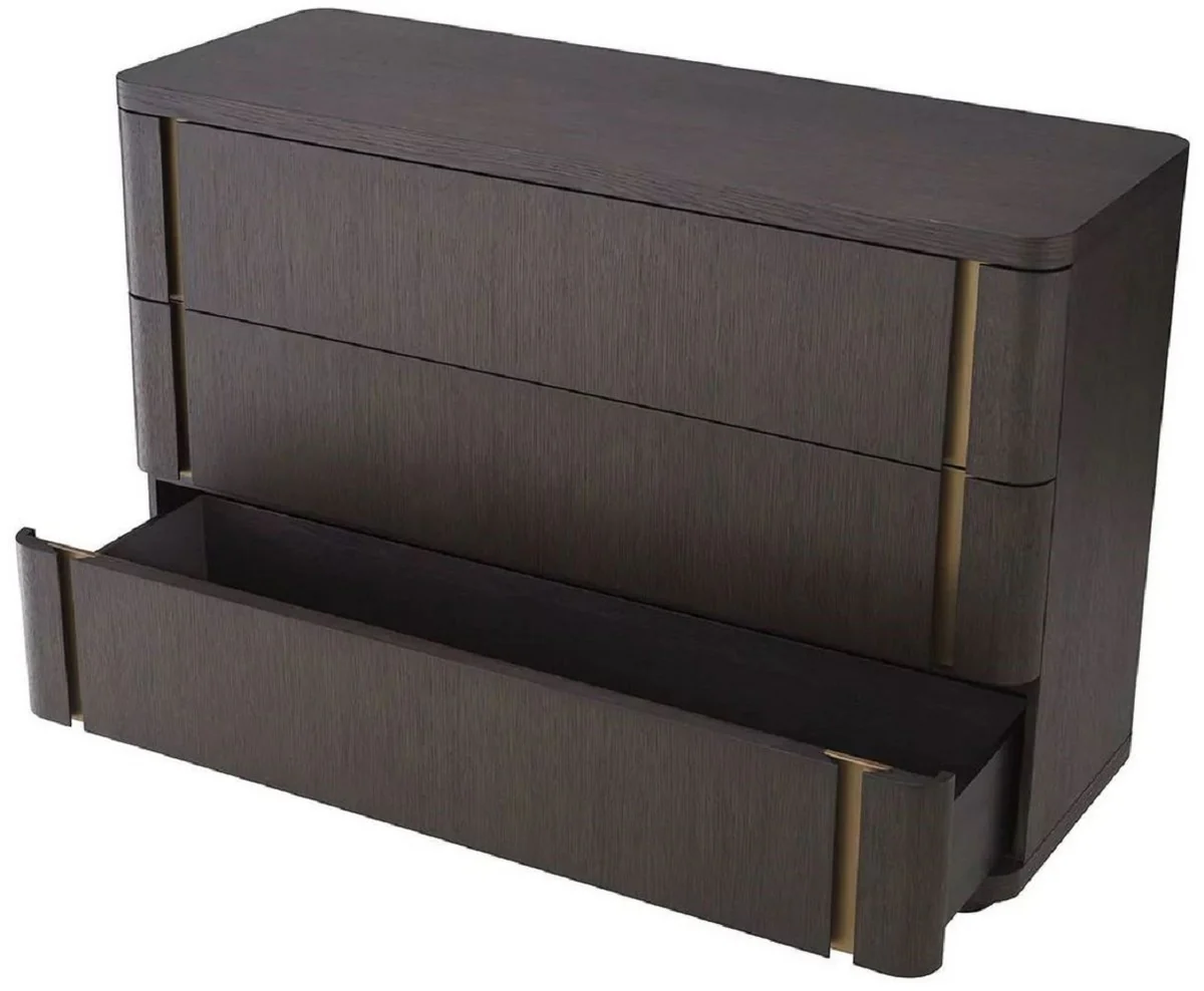 Luxury solid wood chest of drawers with 3 drawers mocha / brass 140 x 52 x H. 95 cm - Bedroom chest of drawers - Bedroom furniture - Luxury furniture - Luxury furnishings - Luxury furniture