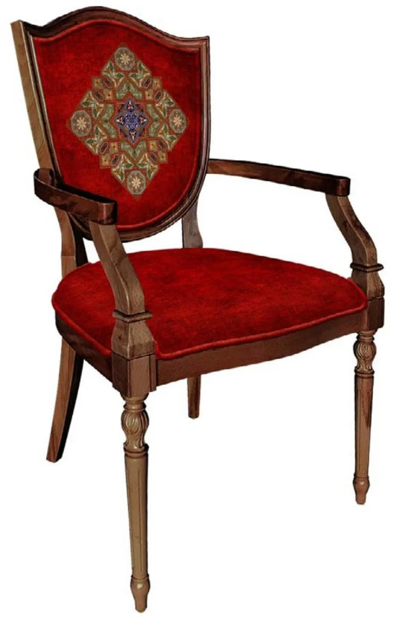 Art Deco dining room chair Bordeaux red / multicolored / brown - solid wood chair with armrests and elegant pattern - Art Deco dining room furniture