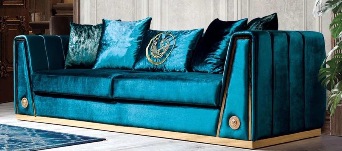 Luxury couch turquoise / gold 260 x 90 x H. 76 cm - Elegant living room sofa with decorative pillows - Luxury furniture