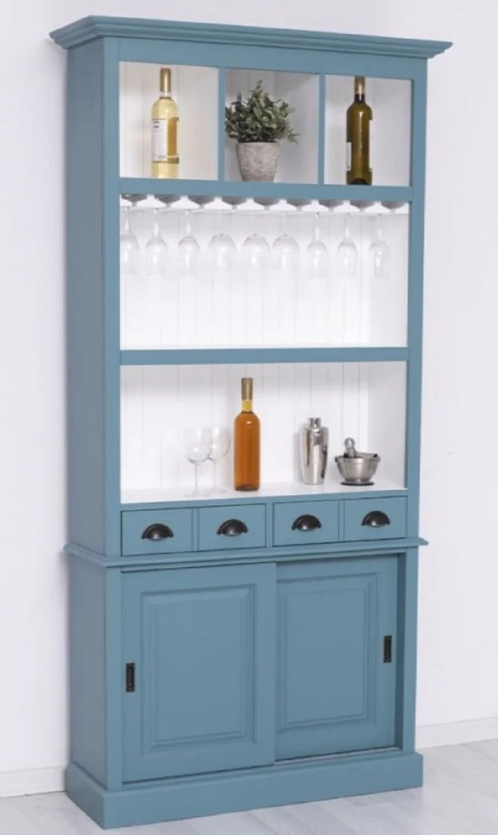Country house style solid wood bar cabinet blue / white 103 x 36 x H. 210 cm - Solid wood wine cabinet in country house style - Solid wood bar furniture - Country house style bar furniture