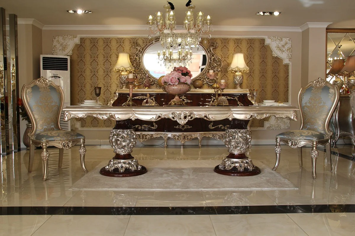 Luxury baroque dining table dark brown / silver - high-quality handmade solid wood dining room table in baroque style - baroque dining room furniture - noble and magnificent