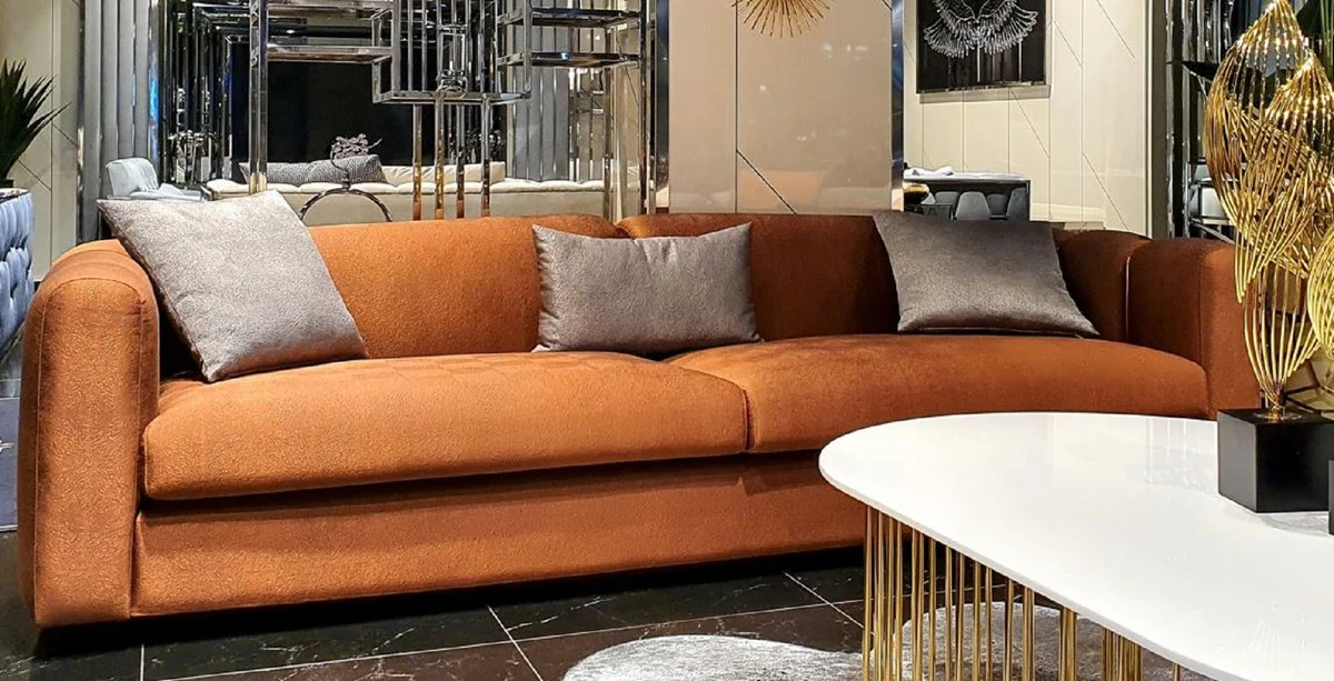 Luxury sofa orange / gold 240 x 95 x H. 85 cm - living room sofa - hotel sofa - luxury furniture