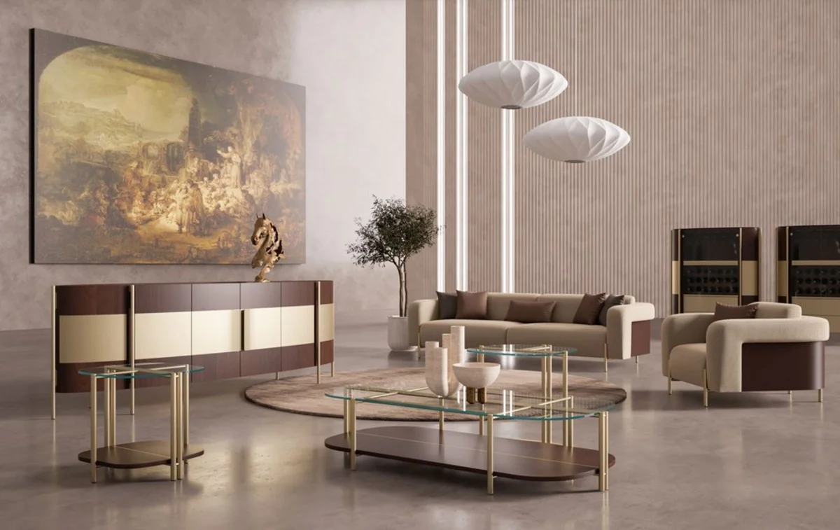 Luxury coffee table dark brown / brass 155 x 75 x H. 35 cm - Living room table with glass top - Living room furniture - Hotel furniture - Luxury furniture - Luxury furnishings