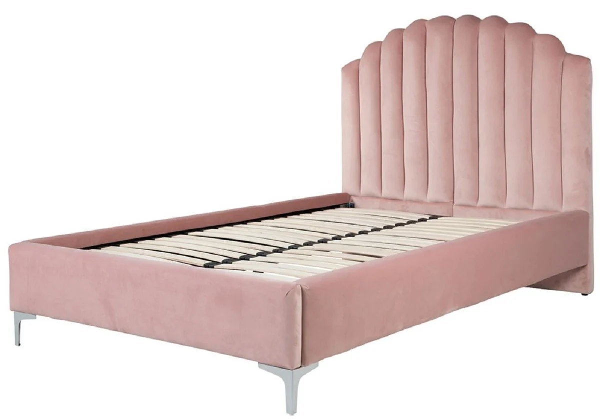 Luxury Art Deco double bed pink / silver 136 x 215 x H. 131 cm - solid wood bed with elegant velvet fabric - luxury bedroom furniture - hotel furniture - Art Deco furniture
