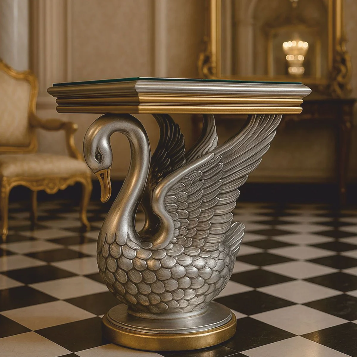 Baroque side table swan with glass top silver / gold H. 78 cm - Baroque Interior