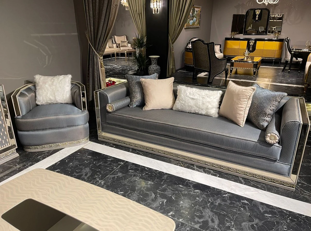 Luxury Art Deco Sofa Light Blue / Silver / Cream - Mirrored Living Room Sofa - Living Room Furniture - Art Deco Furniture - Luxury Furniture - Art Deco Furnishings - Luxury Furnishings