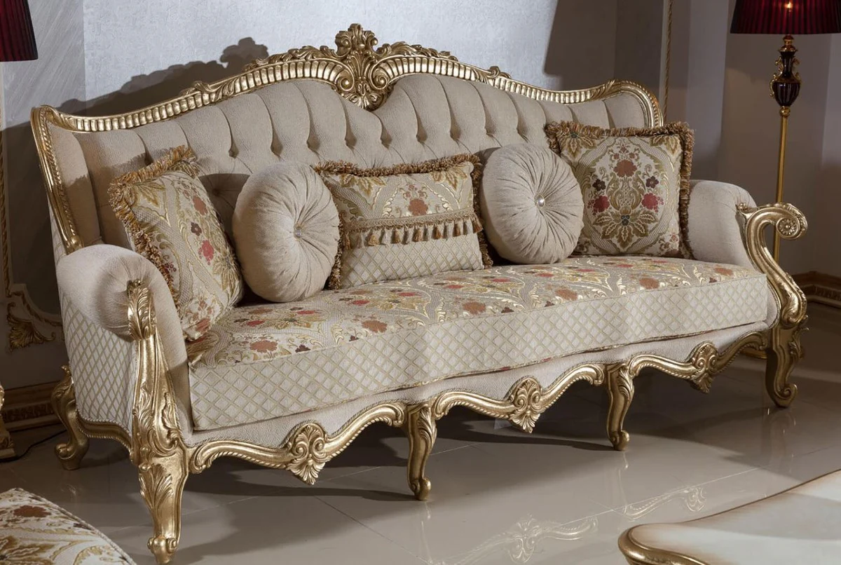 Luxury Baroque Sofa Gray / Multicolored / Gold 245 cm