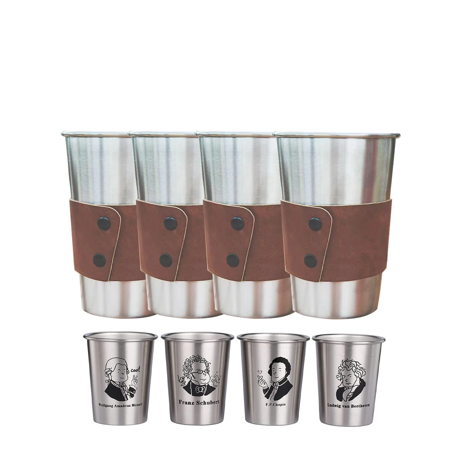 4 pieces 500ml stainless steel cups with leather casing