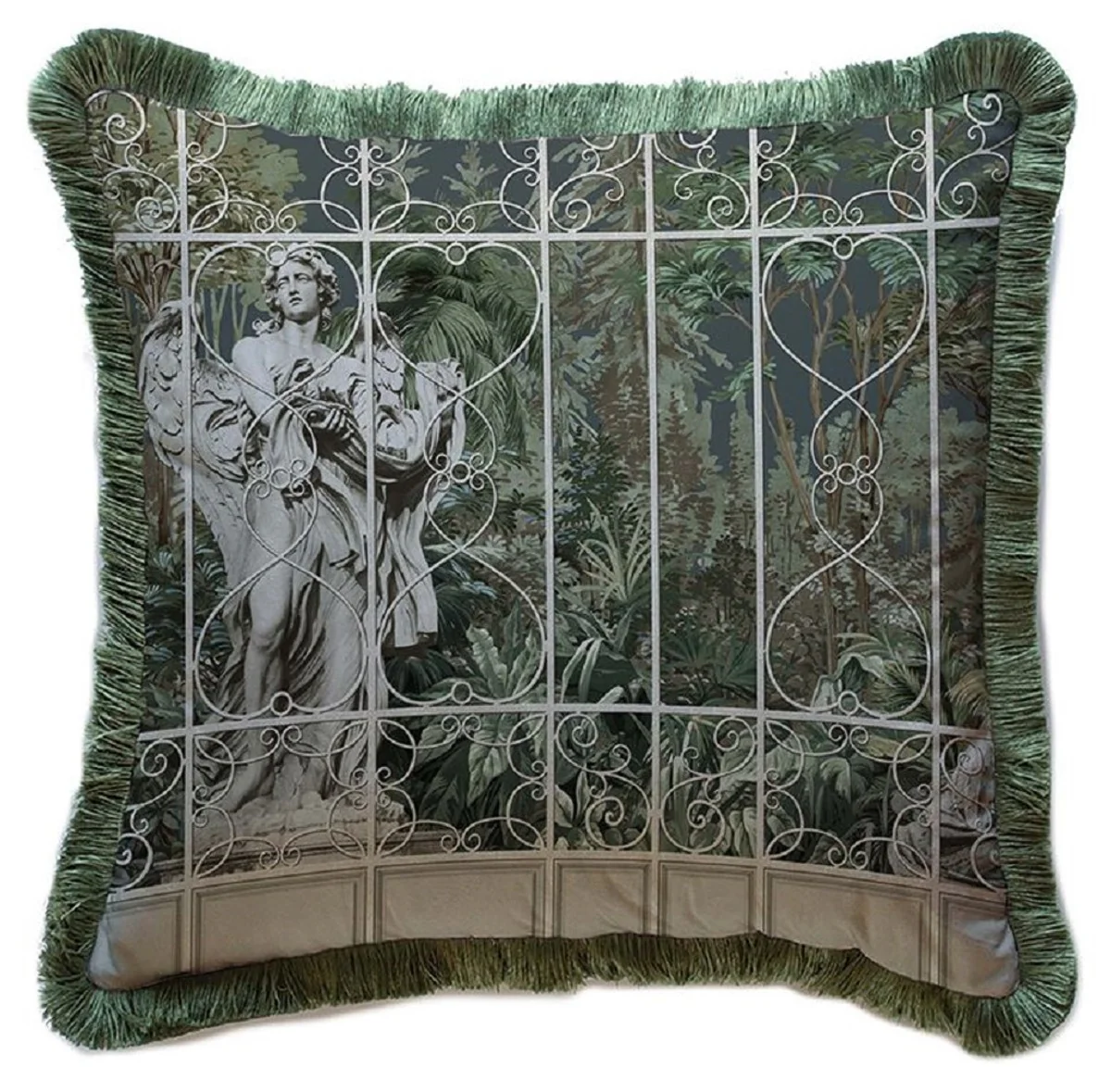 Luxury Baroque decorative cushion sculpture gray / brown / green 45 x 45 cm - Printed velvet cushion with fringes - Luxury Baroque decorative accessories