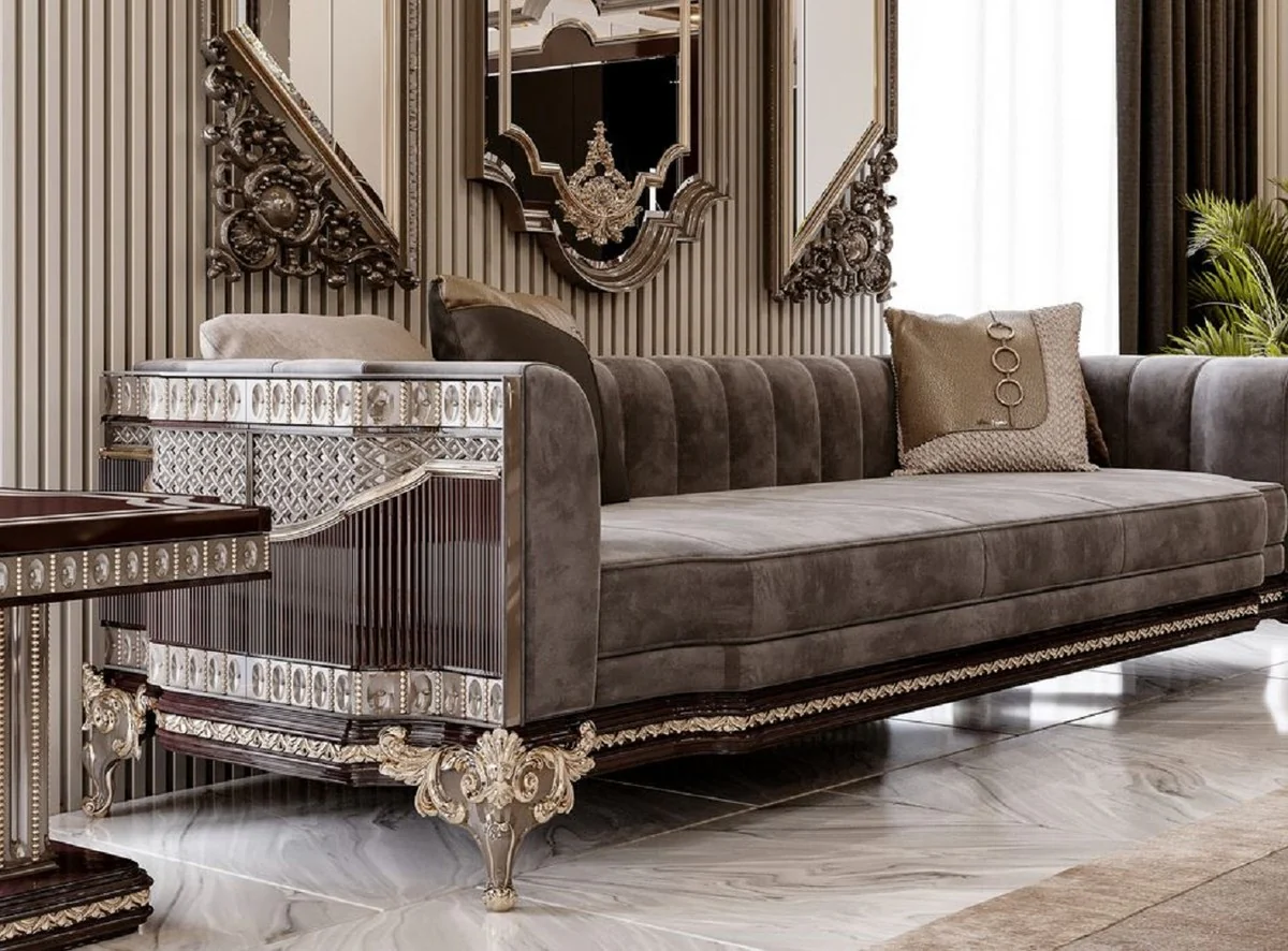 Luxury baroque sofa gray / dark brown / gold 265 cm